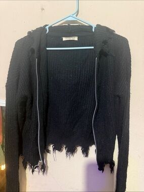 Black Distressed Zip-Up Hooded Cardigan